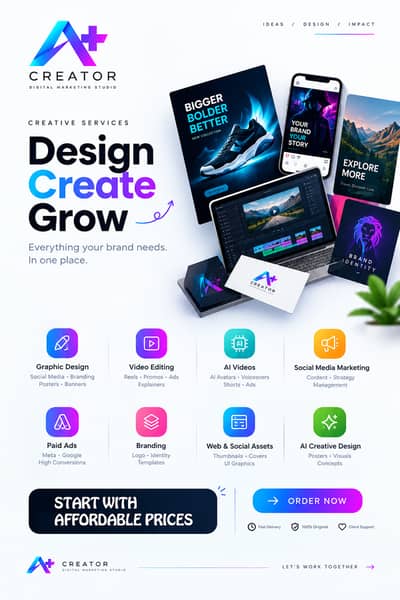 Graphic Design, Video Editing, AI Videos, Product Ads, Social Media Ma
