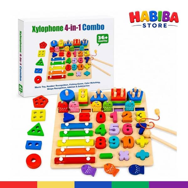 4-in-1 Wooden Educational Musical Toy for Kids – Xylophone, Piano, Counting, Fish Game & Shape Learning