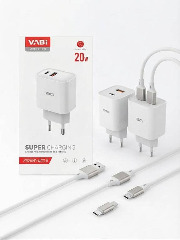 VABi H69 20W Fast Charger – PD 20W + QC 3.0 Dual Port Adapter with Cable