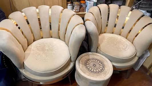 2 Velvet Accent Chairs + Round Ottoman Table — Cream & Gold | Neat Con