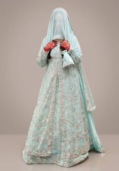 Designer Style Heavy Embroidered Mint/Sky Blue Formal Maxi Dress