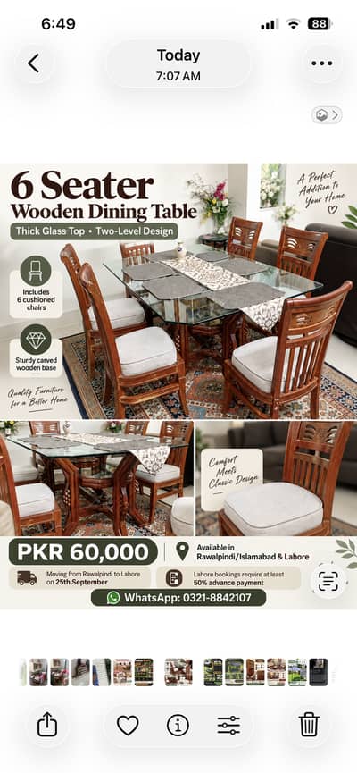 6 seater wooden dining table with chairs