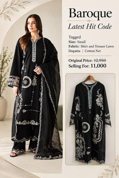 Baroque 3 Piece Embroidered Suit Black New Tagged |