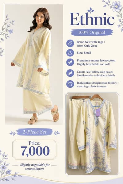 Ethnic Brand Pale Yellow Embroidered 2-Piece Lawn Suit - Size Small