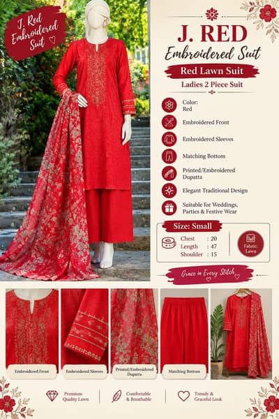 J. Red Embroidered Suit | Red Lawn Suit | Ladies 2 Piece Suit