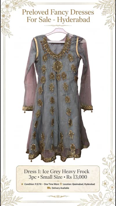 Ice grey fancy frock 3 peace same duppata same trouser small size qas
