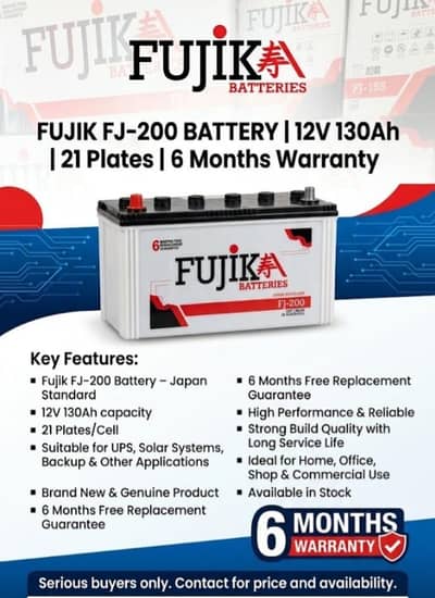Fujik FJ-200 Battery | 12V 130Ah | 21 Plates | 6 Months Warranty