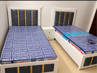 2 Single Beds + Diamond Mattresses + Side Table | Almost New| Warranty