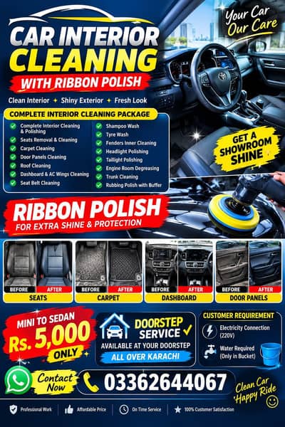 car interior cleaning with ribbon polish service available door step