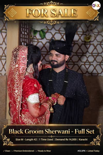 Black Groom Sherwani Full Set - 1 Time Used - Size M/L (Length 42)