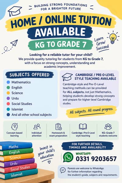  HOME / ONLINE TUITION AVAILABLE — KG TO GRADE 7
