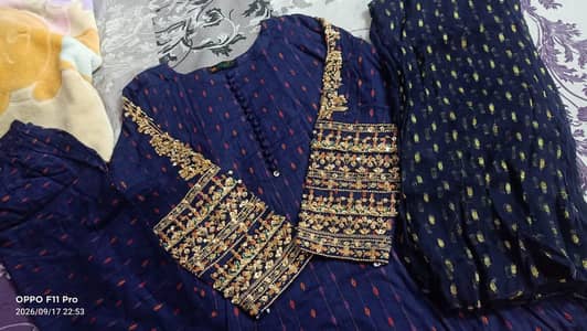 Navy Blue Embroidered Lawn Suit with Dupatta Small