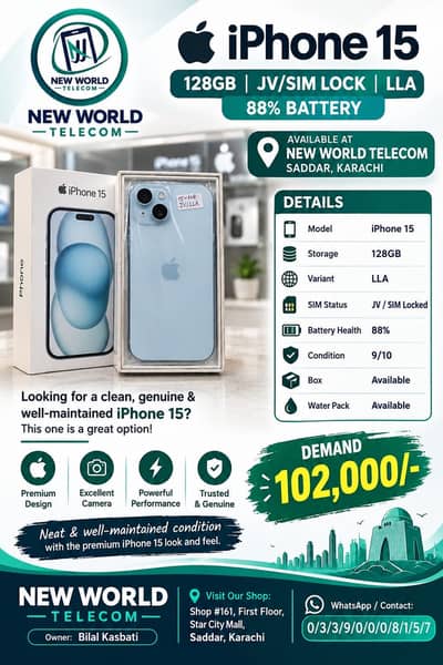 iPhone 15 128GB JV LLA | 88% Battery | Box | 9/10 | New World Telecom
