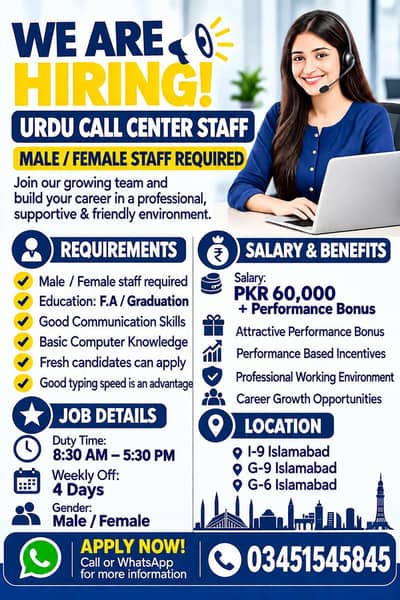 male female staff required for urdu call center