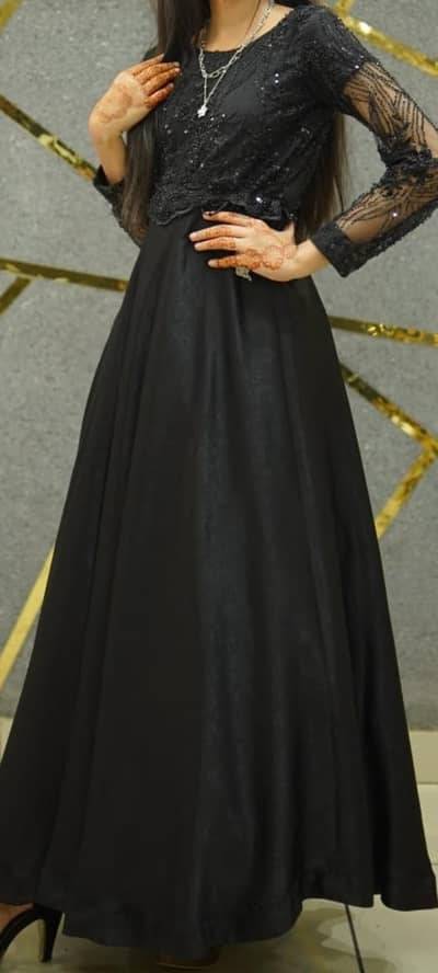 elegant black maxi dress(pair)-net sleeves with beadd with bead work