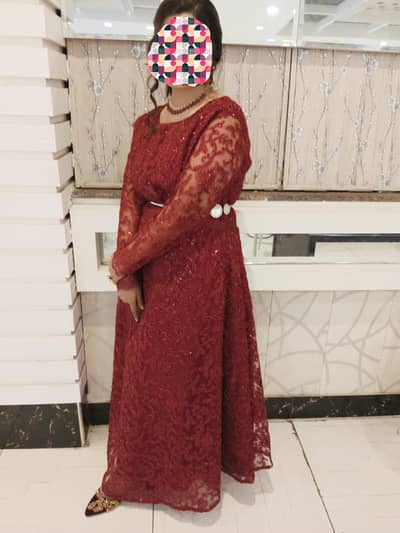 embroidered net long frock mehroon/red