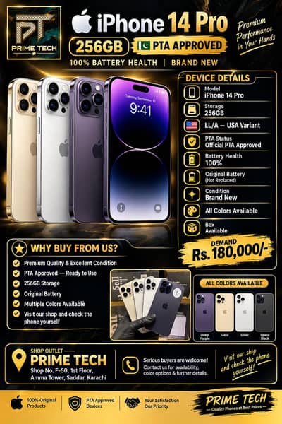 iPhone 14 Pro 256GB | PTA Approved | 100% Battery | Brand New | LLA