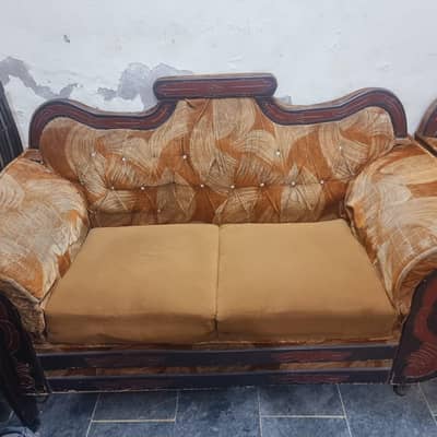 Used 6 Seater Sofa Set - Wooden Structure - Golden Color