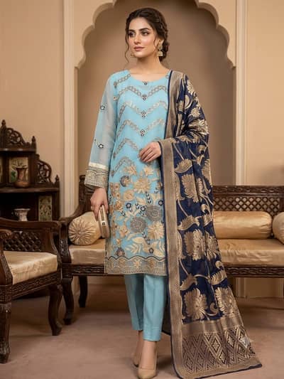 Luxury 3-Piece Embroidered Lawn Suit | Sky Blue & Navy Blue | Premium
