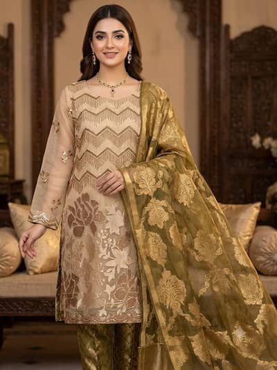 Premium 3-Piece Embroidered Suit | Beige & Olive Green | Elegant Part