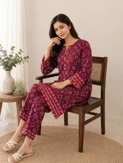 Red Chunri Printed 2Pcs Polo Cotton Suit - Free Delivery