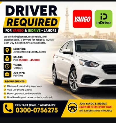 Driver Required for Yango & InDrive – Lahore