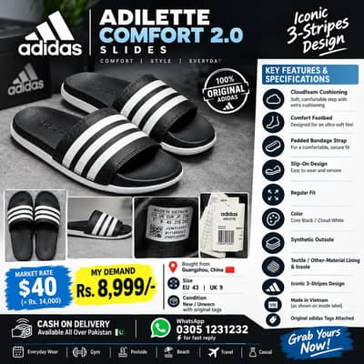 adidas Adilette Comfort 2.0 Slides Slippers Eu 43 — Black/White