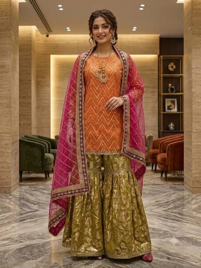 Beautiful Mehndi Outfit | Orange & Olive Green Gharara | Party Wear