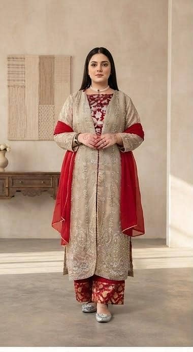 Pakistani 4 piece suit Coat style