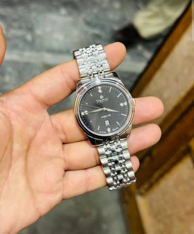 sveston original watch for men silver chain Black dial model SV 97710