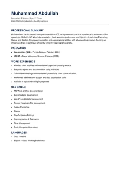 Graduate Available for Office Job – Islamabad