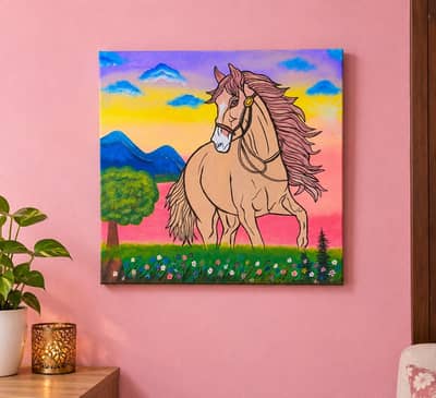 Handmade Horse Sunset Landscape – 24×24 Inch Acrylic Canvas Painting