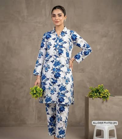 AURA White Blue Floral 2pc - Model Wear - Lawn Cotton