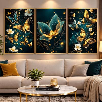 Set Of 3 Floral Wall Frames Teal Butterfly MDF Decorated Design Frames