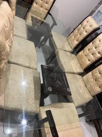 8 Seater Dining Table – Glass Top with Wooden Chairs