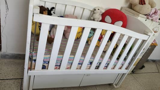 Baby Wooden Cot / Crib with Mattresses – White – Good Condition