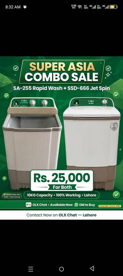 super asia washing machine + dryer combo sale SA-255 + SSD-666 -