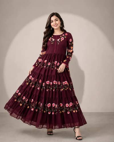 Stylish Women's Stitched Chiffon Embroidered Frock / Maxii