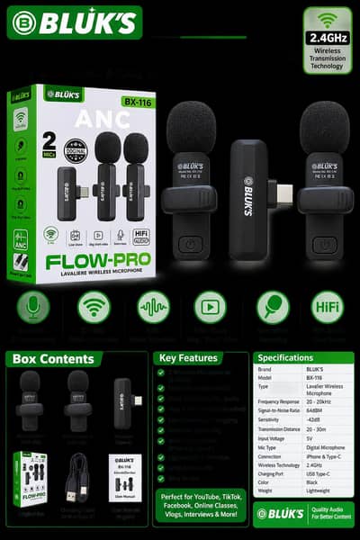 BLUK’S BX-116 Wireless Lavalier Mic | Dual Mic | ANC | iPhone & Type-C