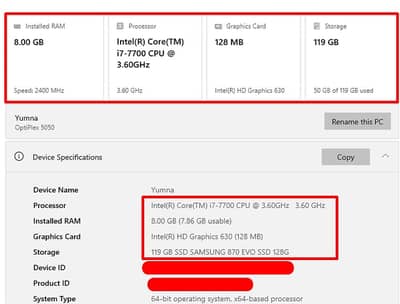 Core i7-7700 7th Generation 8 GB RAM DDR4 128 GB SSD SATA