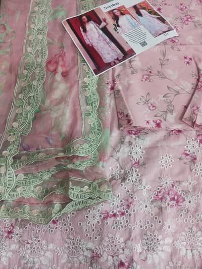 Neeshay chikenkari lawn with patches and Ready to wear Chiffon dupatta