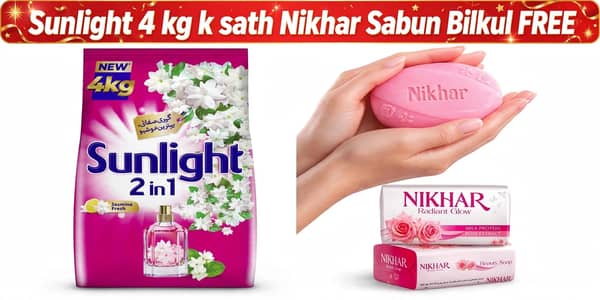4 kg sunlight surf k sath nikhar sabun Rs100 vala bilkul free