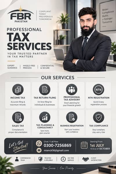Tax Consultant, Sales Tax, Income Tax Return, FBR, Tax Filer, NTN,SECP