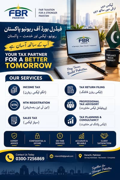 Tax Consultant, Sales Tax, Income Tax Return, FBR, Tax Filer, NTN,SECP