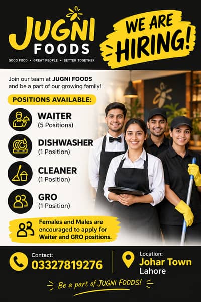 We are hiring staff for Waiter, Cleaner, Dishwasher and GRO position