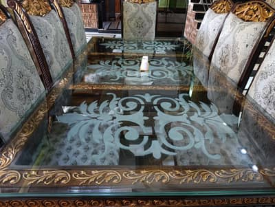 Sheesham 8-Seater Glass Dining Table with Carved Wooden Frame