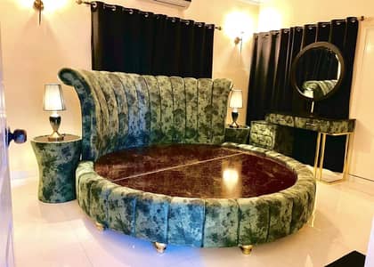 Round turkish imported fabric velvet bed with dresser with side table