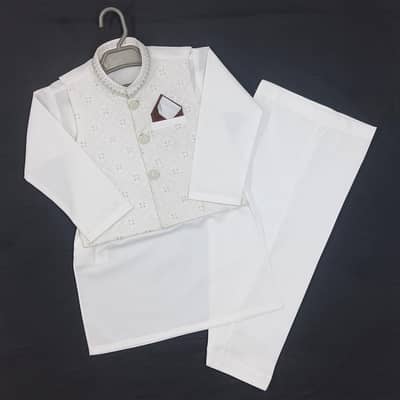 Boys 3 Piece Kameez Shalwar with Koti - White & Cream.