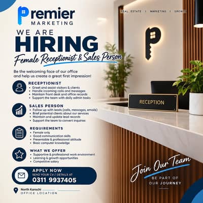 Urgently Hiring Female Receptionist