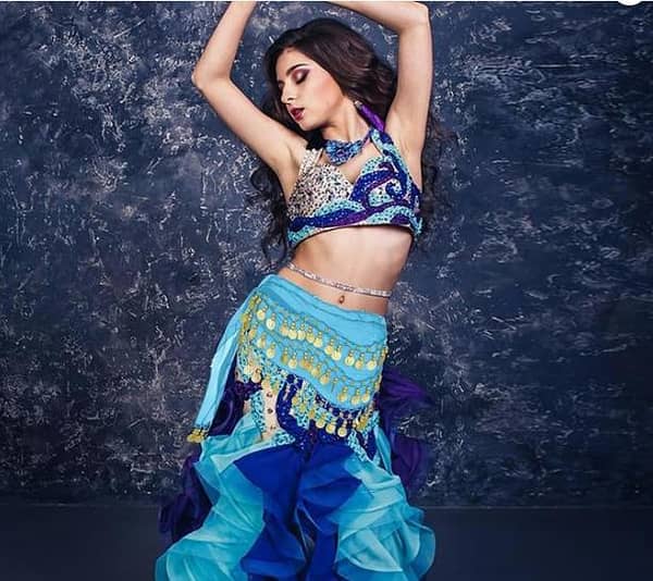BLUE Chiffon Belly Dance Hip Scarf Belt Skirt Gold Coins Performance Costume R5722